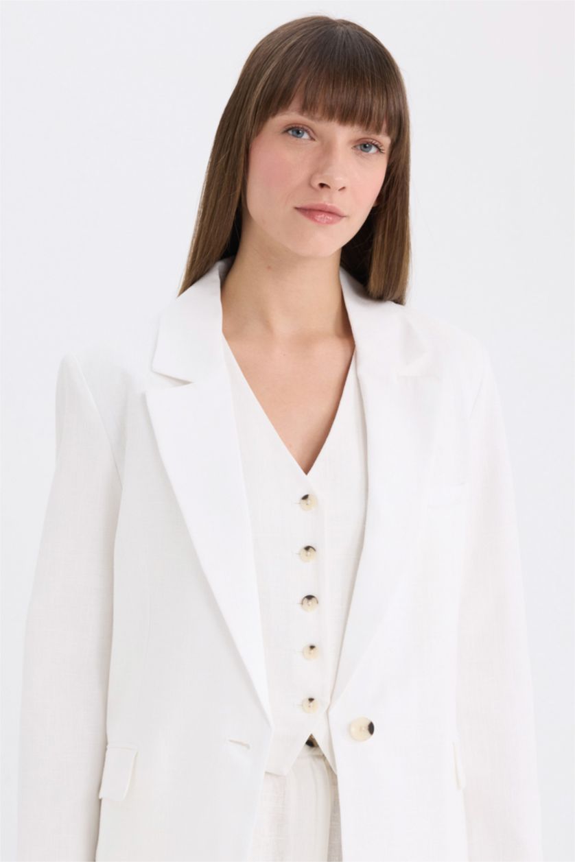 نساء أبيض سترة بليزر اوفر سايز بياخة جاكيت من مزيج الكتان