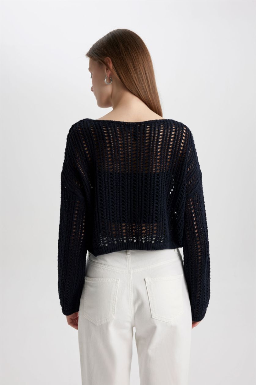 نساء كحلي بلوفر قصير كروشيه برقبة قارب