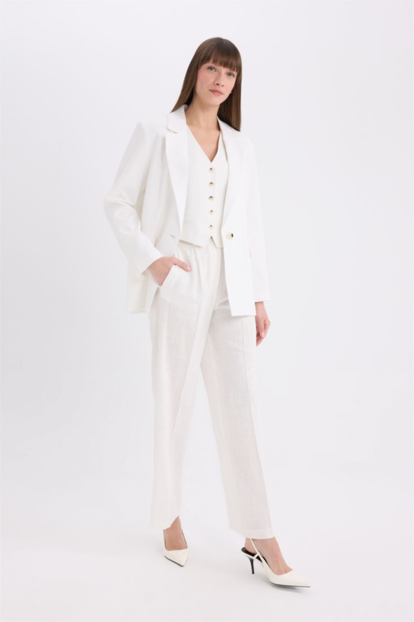 Woman White Wide Leg Pocket High Waist Long Linen Blend Trousers