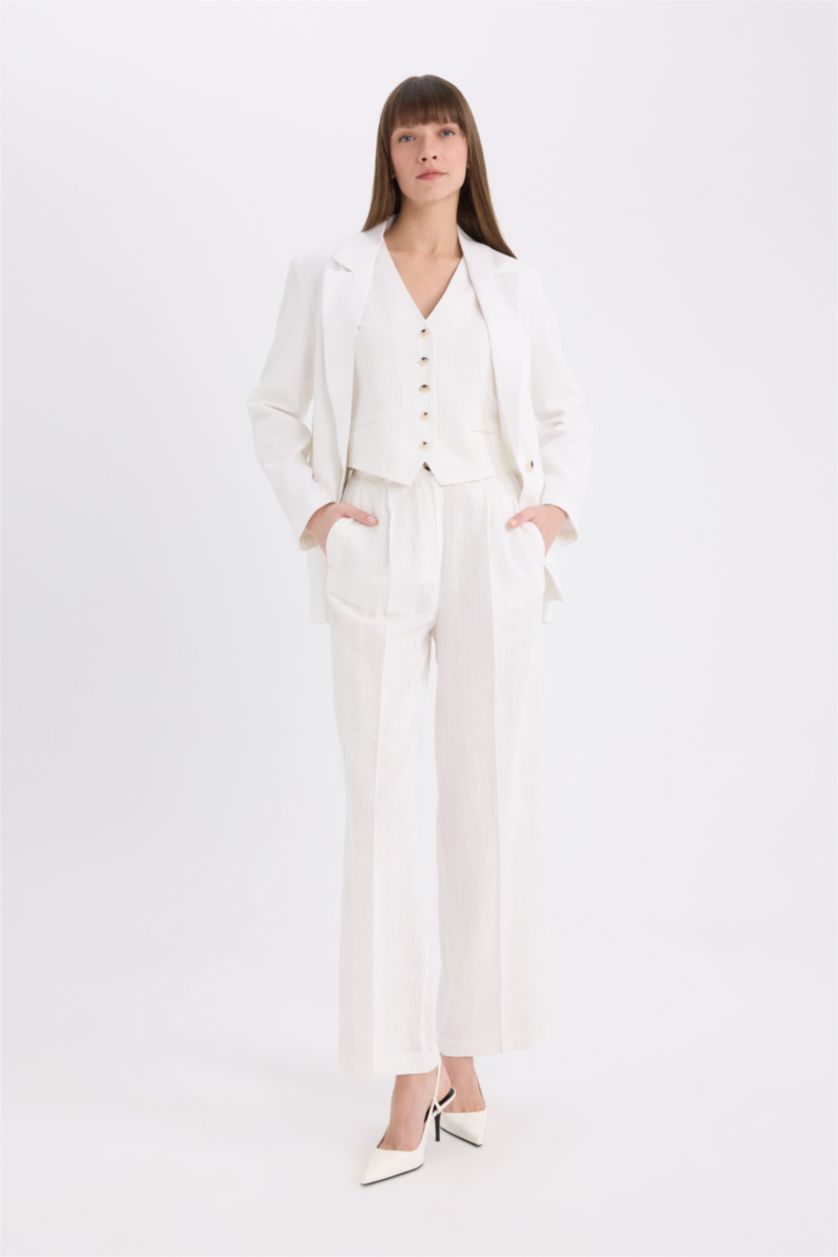 Woman White Wide Leg Pocket High Waist Long Linen Blend Trousers