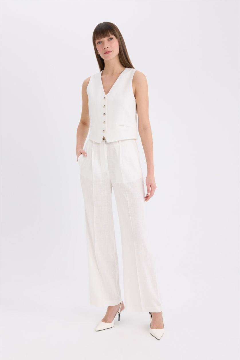 Woman White Wide Leg Pocket High Waist Long Linen Blend Trousers