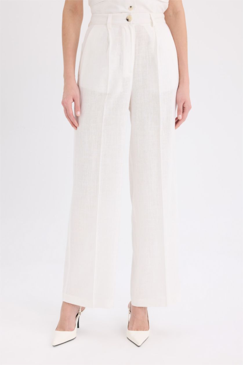 Woman White Wide Leg Pocket High Waist Long Linen Blend Trousers