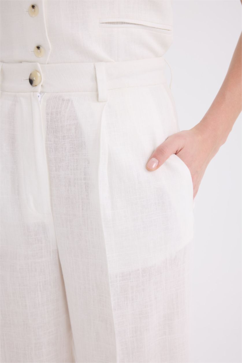 Woman White Wide Leg Pocket High Waist Long Linen Blend Trousers