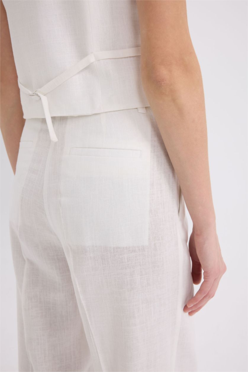Woman White Wide Leg Pocket High Waist Long Linen Blend Trousers