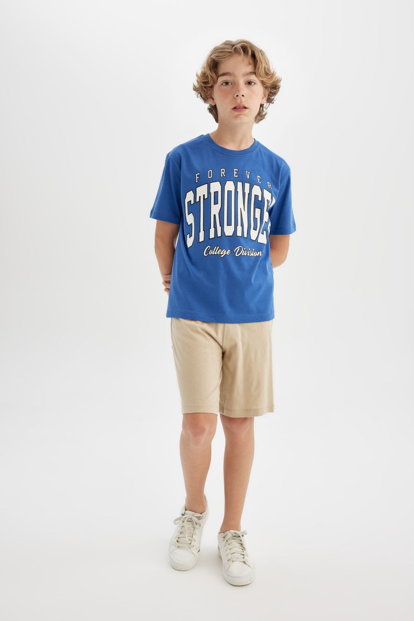 Erkek Çocuk - Genç Erkek Koyu Mavi Erkek Çocuk 2'li Takım Baskılı Kısa Kollu Tişört Şort