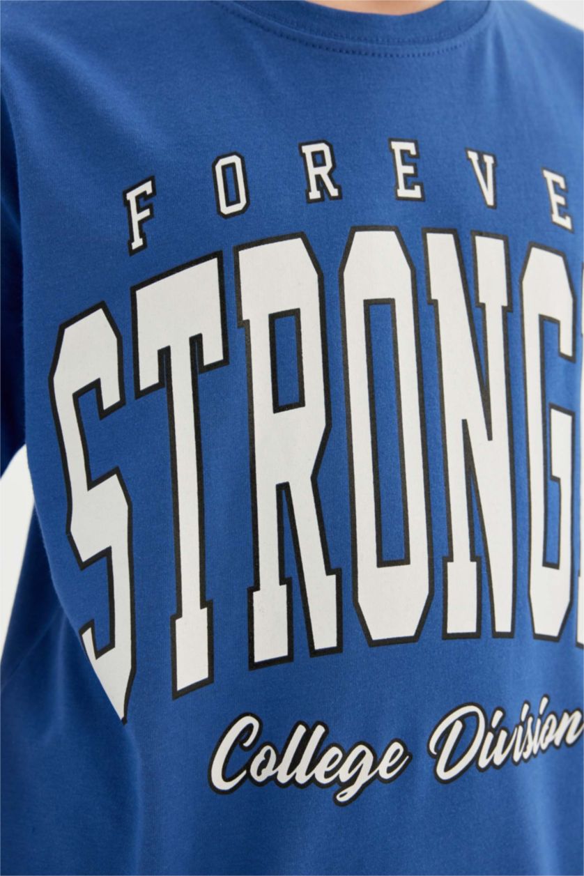 Erkek Çocuk - Genç Erkek Koyu Mavi Erkek Çocuk 2'li Takım Baskılı Kısa Kollu Tişört Şort