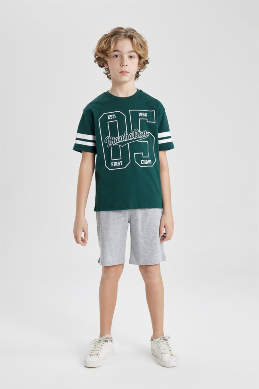 BOYS & TEENS Dark Green Boy Printed Short Sleeve T-Shirt Shorts 2 Piece Set