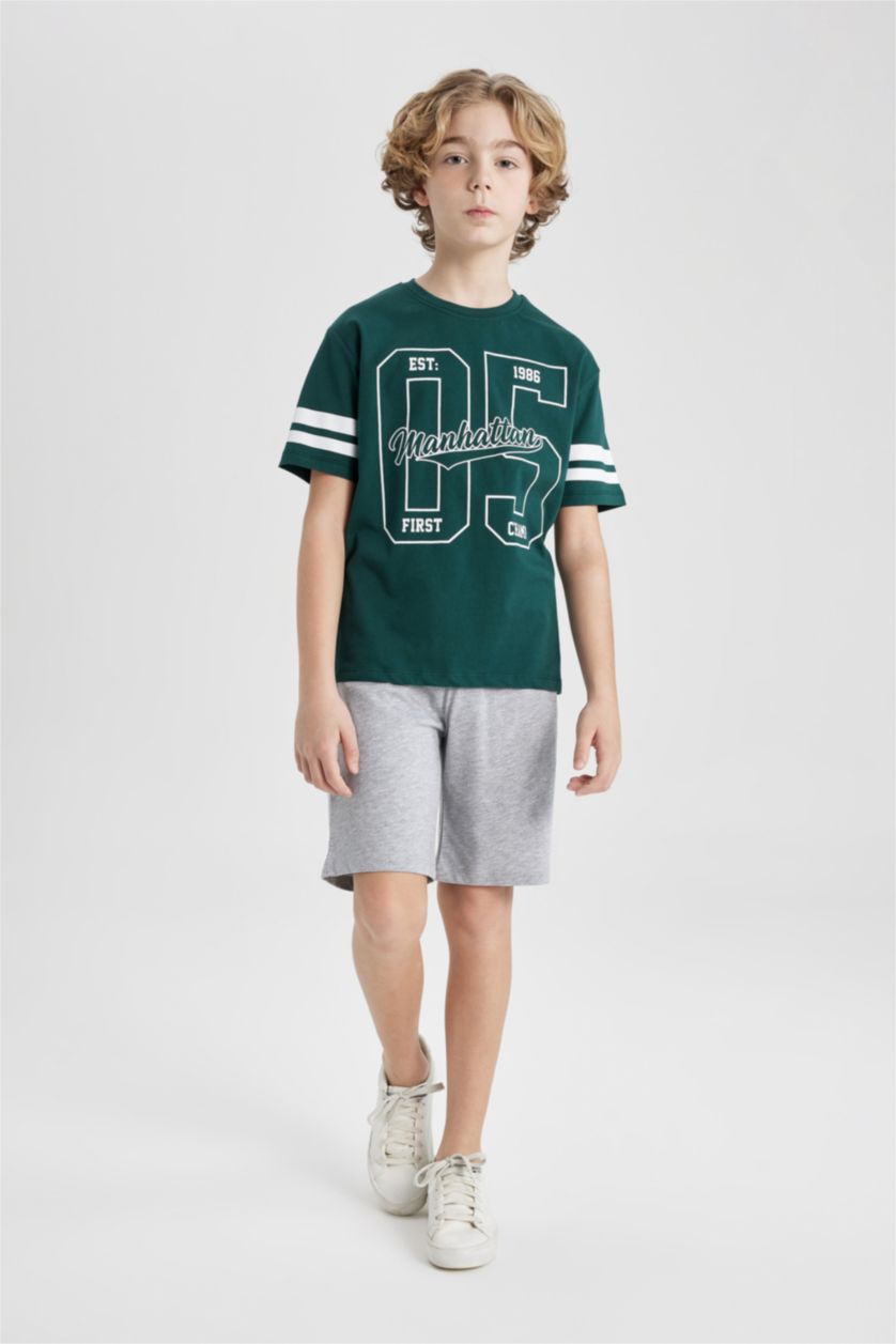 BOYS & TEENS Dark Green Boy Printed Short Sleeve T-Shirt Shorts 2 Piece Set
