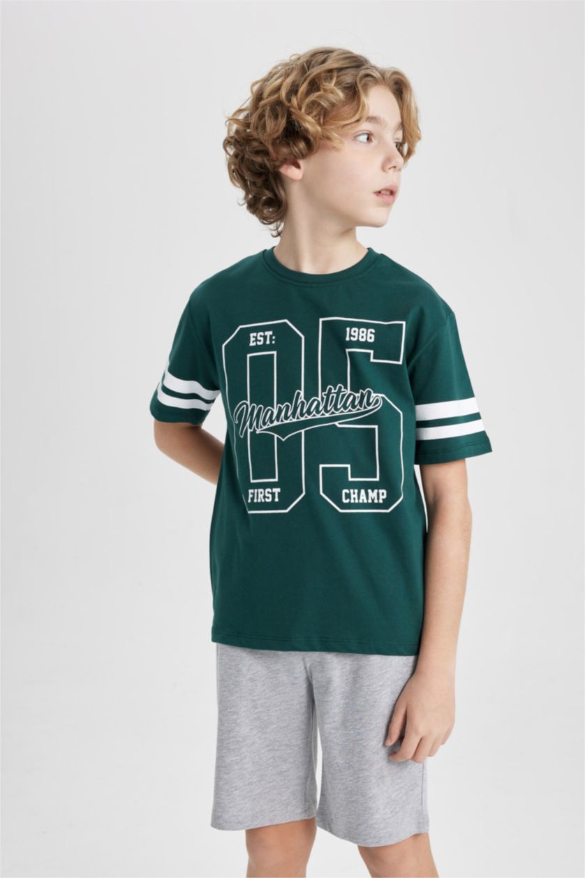 BOYS & TEENS Dark Green Boy Printed Short Sleeve T-Shirt Shorts 2 Piece Set