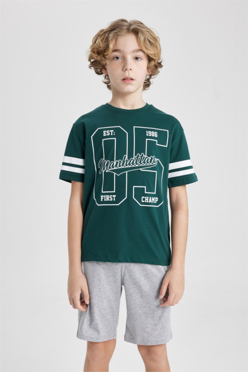 BOYS & TEENS Dark Green Boy Printed Short Sleeve T-Shirt Shorts 2 Piece Set
