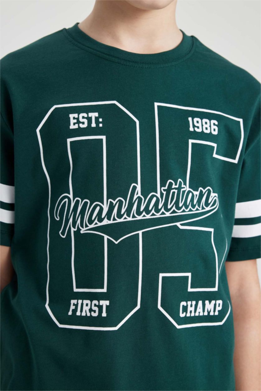 BOYS & TEENS Dark Green Boy Printed Short Sleeve T-Shirt Shorts 2 Piece Set