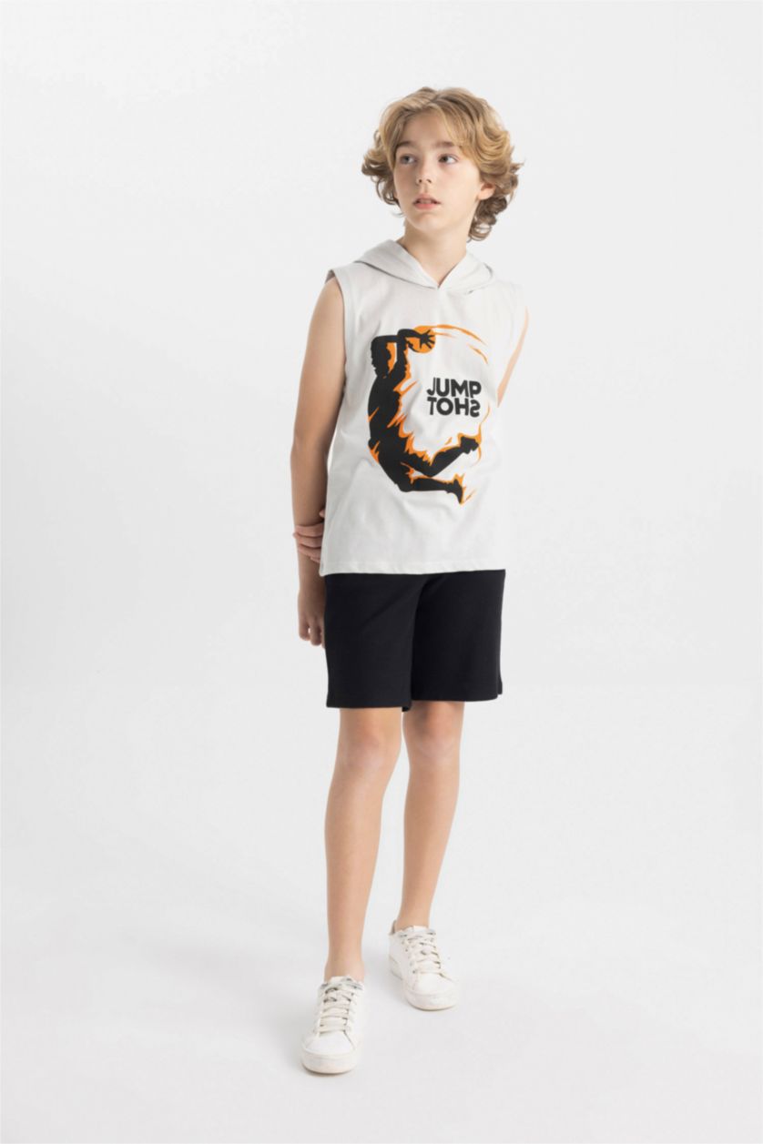 BOYS & TEENS Light Grey Boy Printed Hooded Undershirt Shorts 2 Piece Set