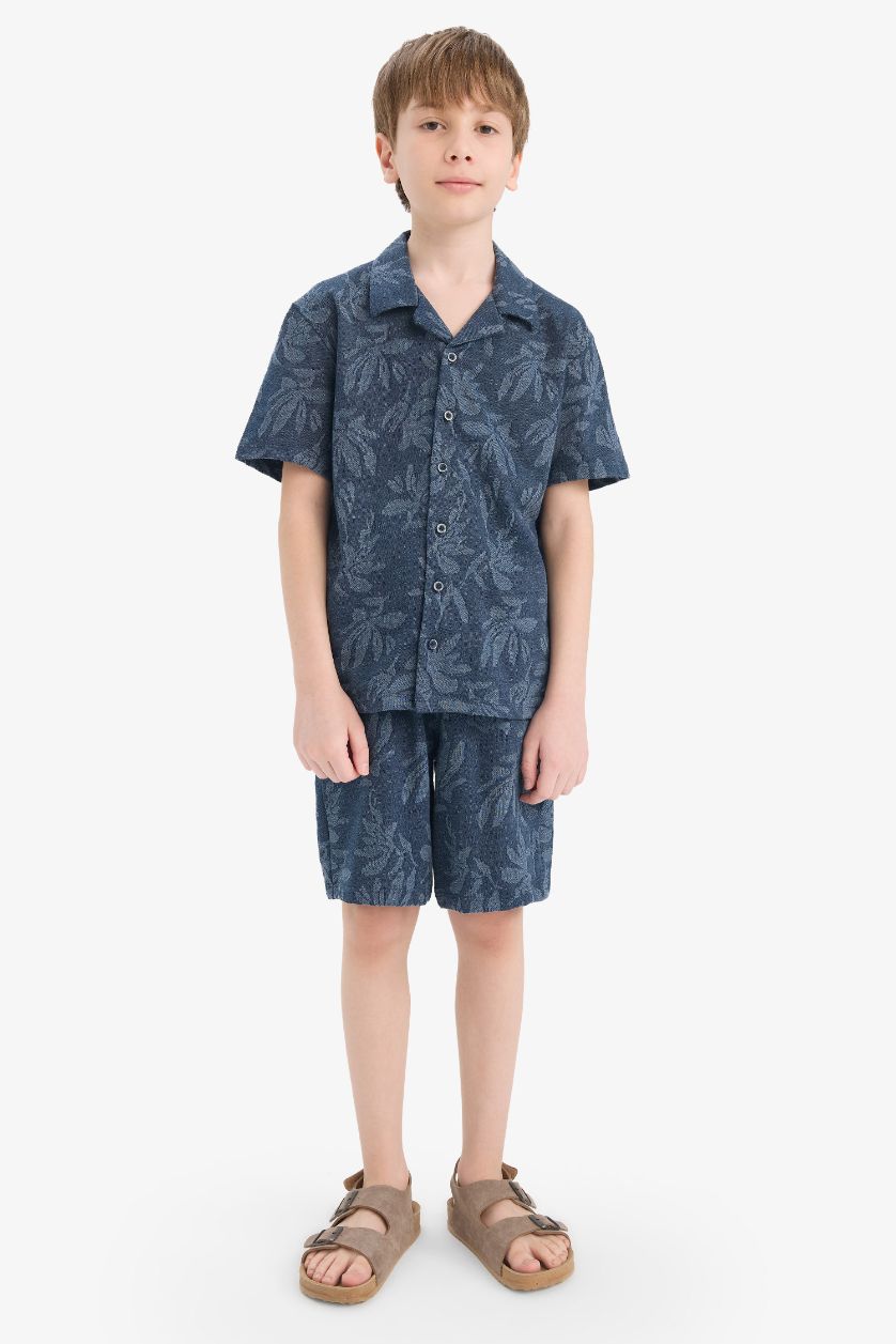 Erkek Çocuk - Genç Erkek Lacivert Jakarlı 2'li Takım Desenli Kısa Kollu Gömlek Şort Erkek Çocuk