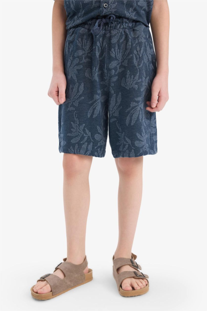 Erkek Çocuk - Genç Erkek Lacivert Jakarlı 2'li Takım Desenli Kısa Kollu Gömlek Şort Erkek Çocuk