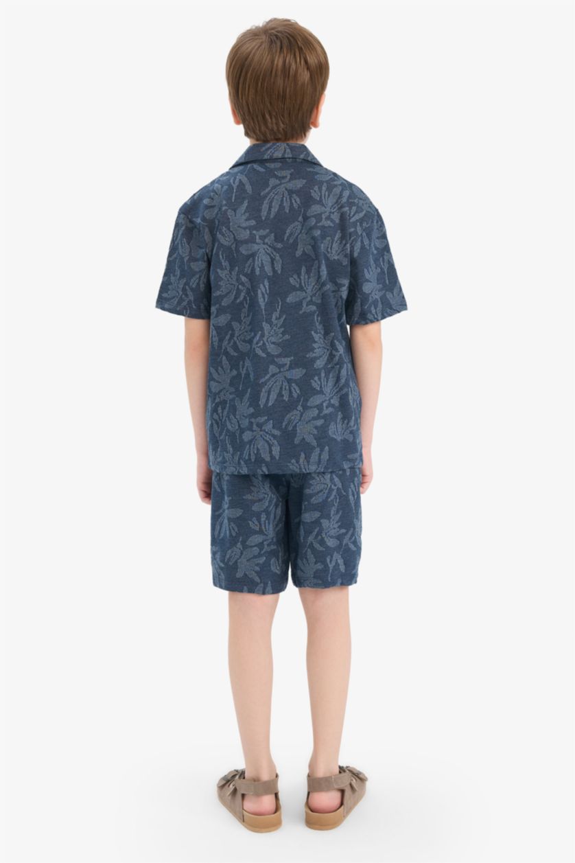 Erkek Çocuk - Genç Erkek Lacivert Jakarlı 2'li Takım Desenli Kısa Kollu Gömlek Şort Erkek Çocuk