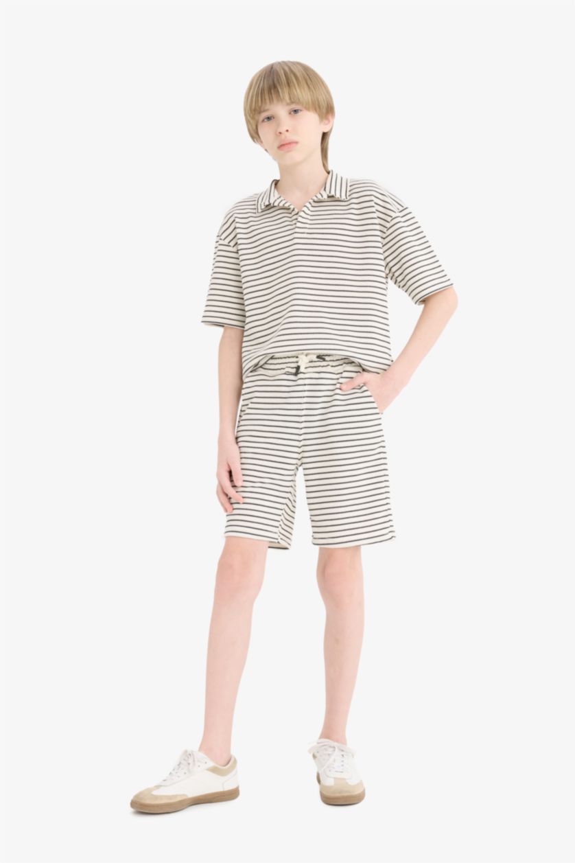 Erkek Çocuk - Genç Erkek Açık Taş 2'li Takım Çizgili Kısa Kollu Polo Tişört Beli Lastikli Şort Erkek Çocuk