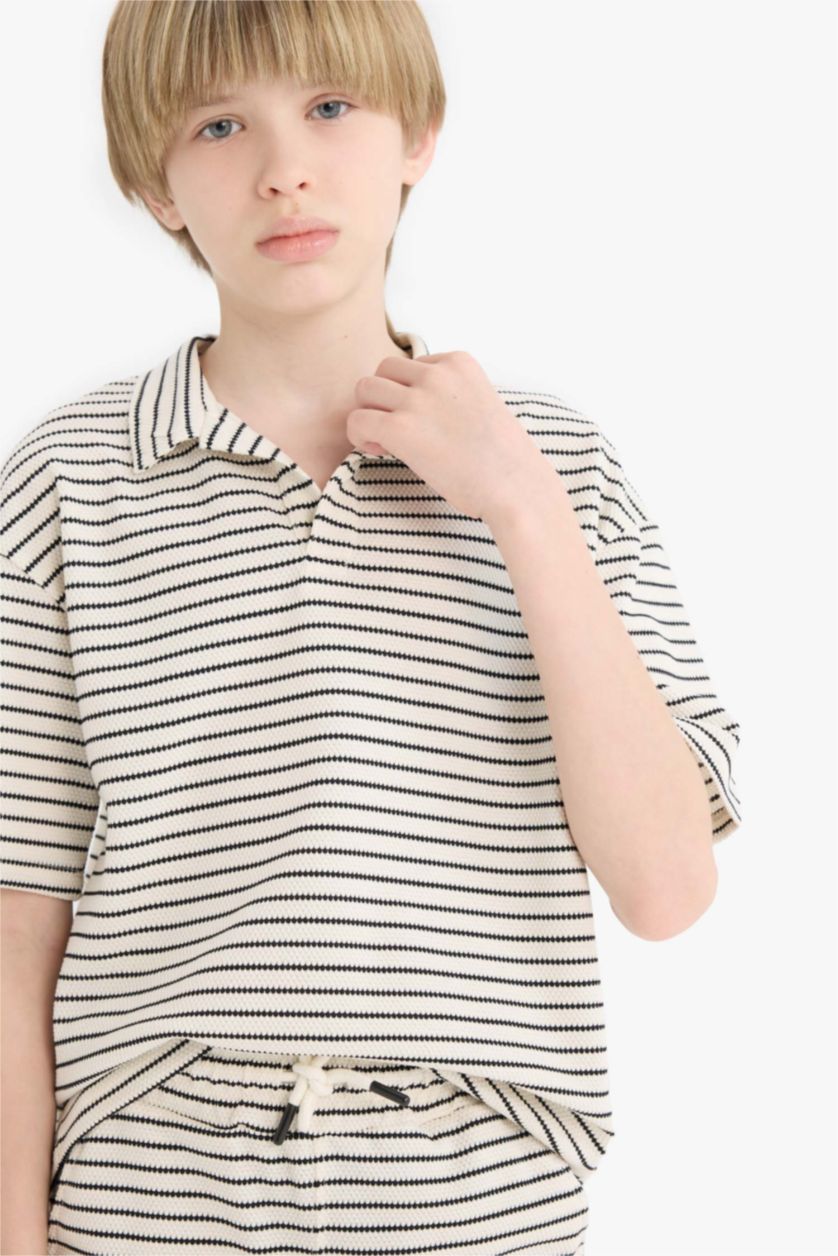 Erkek Çocuk - Genç Erkek Açık Taş 2'li Takım Çizgili Kısa Kollu Polo Tişört Beli Lastikli Şort Erkek Çocuk