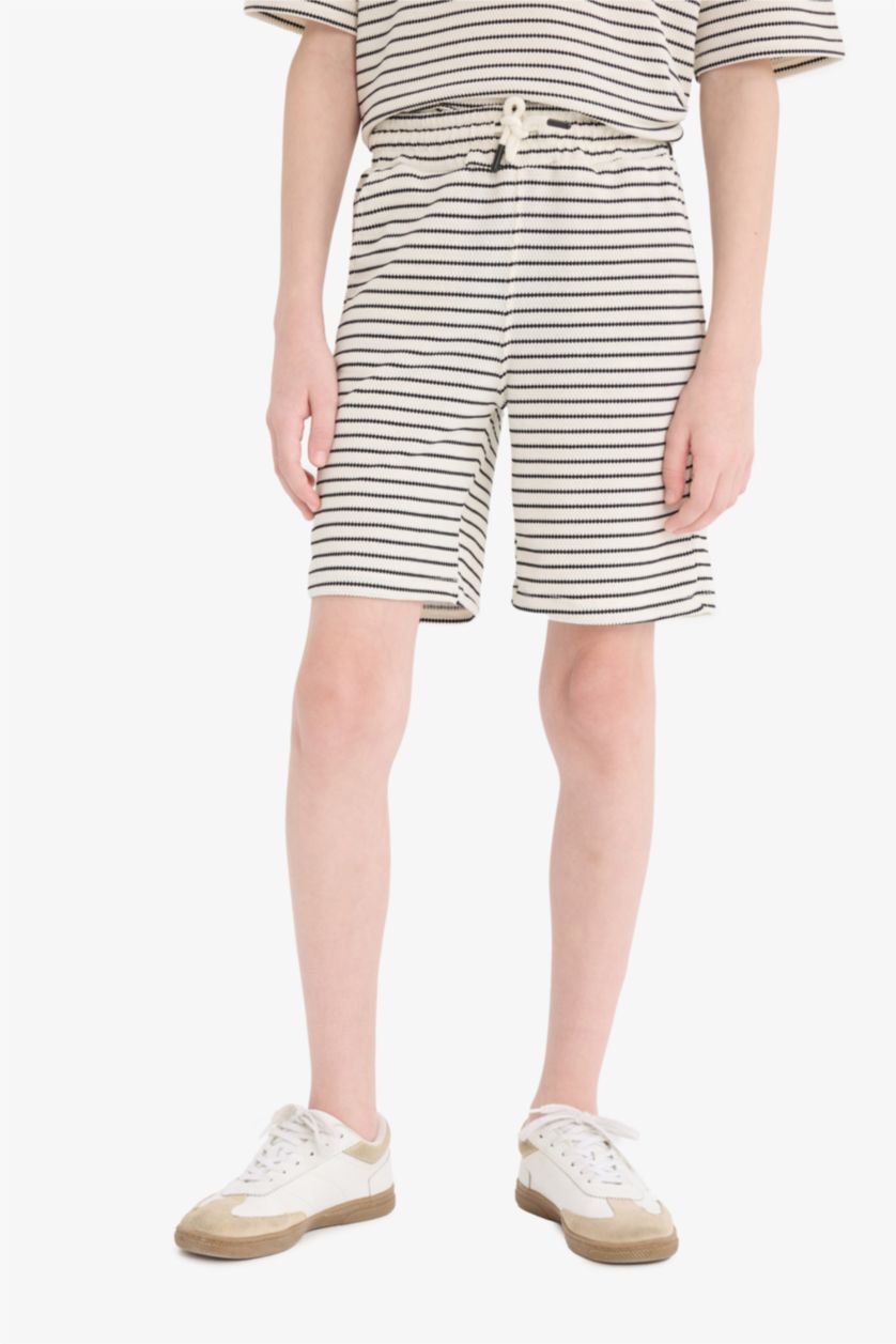 Erkek Çocuk - Genç Erkek Açık Taş 2'li Takım Çizgili Kısa Kollu Polo Tişört Beli Lastikli Şort Erkek Çocuk