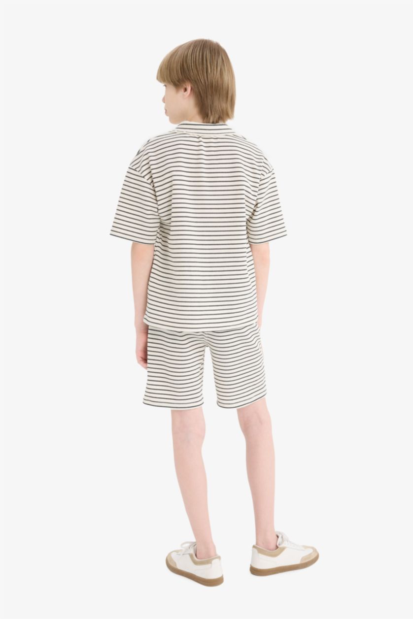 Erkek Çocuk - Genç Erkek Açık Taş 2'li Takım Çizgili Kısa Kollu Polo Tişört Beli Lastikli Şort Erkek Çocuk