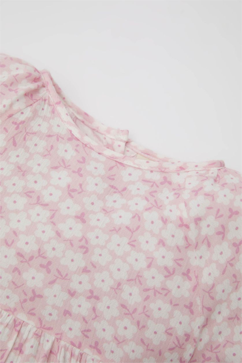 طفلة صغيرة زهري فستان فلورال من قماش مجعد قصة عادية نص كم بياقة مستديرة