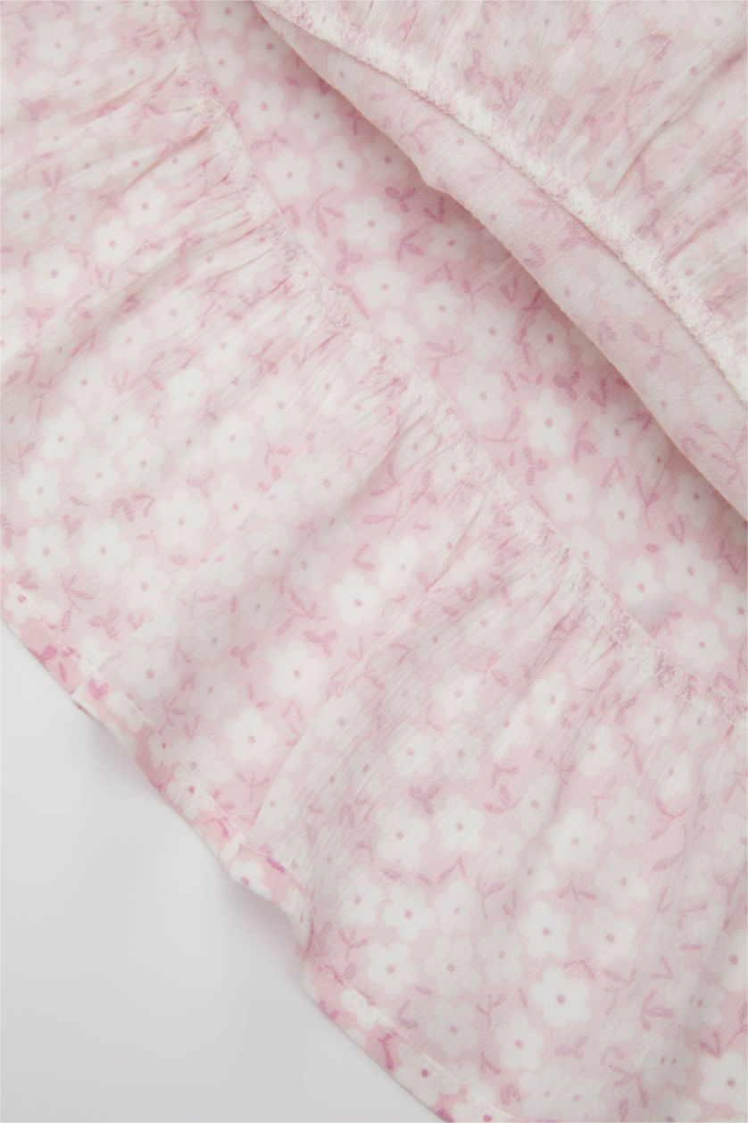 طفلة صغيرة زهري فستان فلورال من قماش مجعد قصة عادية نص كم بياقة مستديرة