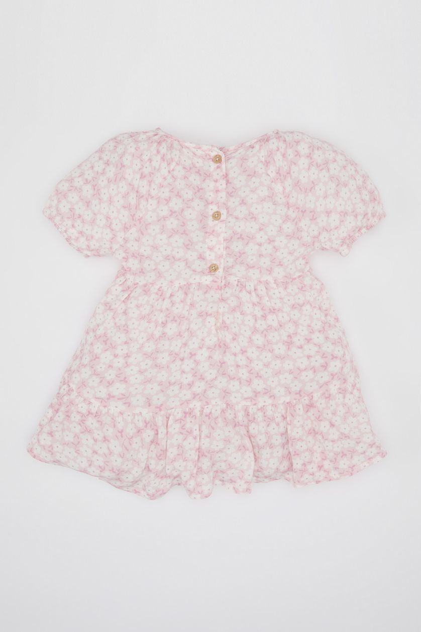 طفلة صغيرة زهري فستان فلورال من قماش مجعد قصة عادية نص كم بياقة مستديرة