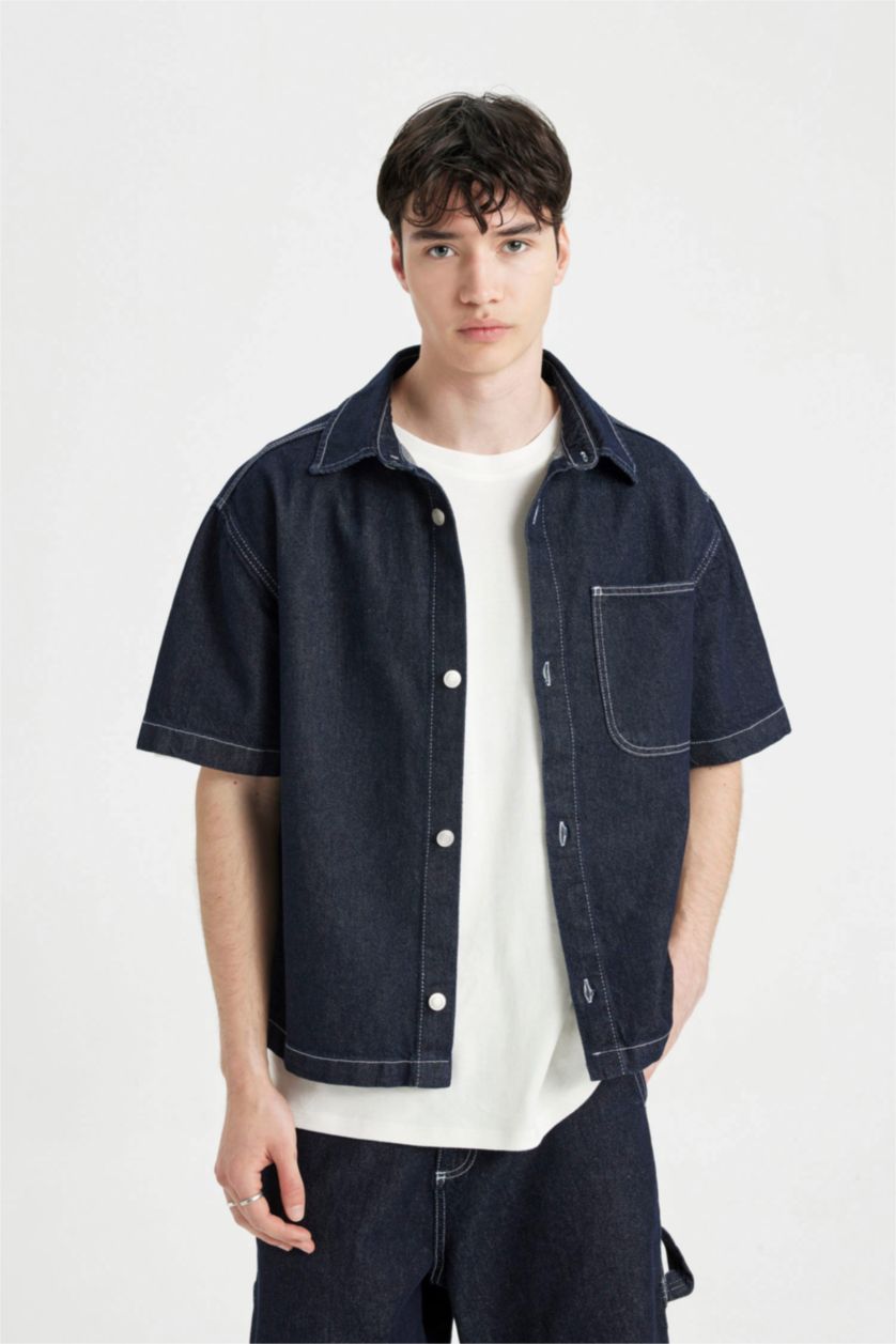 HOMME Bleu Foncé Chemise en jean à manches courtes Coupe boxy