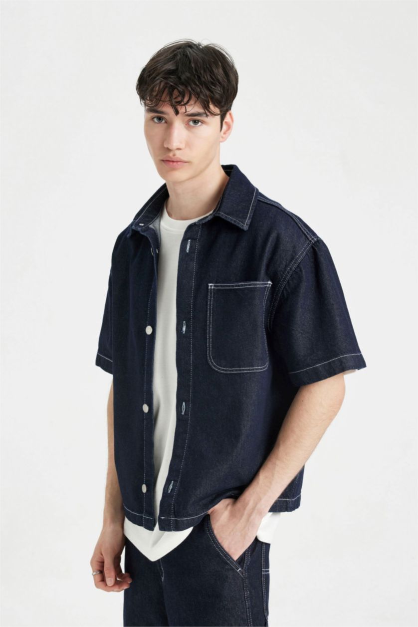 HOMME Bleu Foncé Chemise en jean à manches courtes Coupe boxy