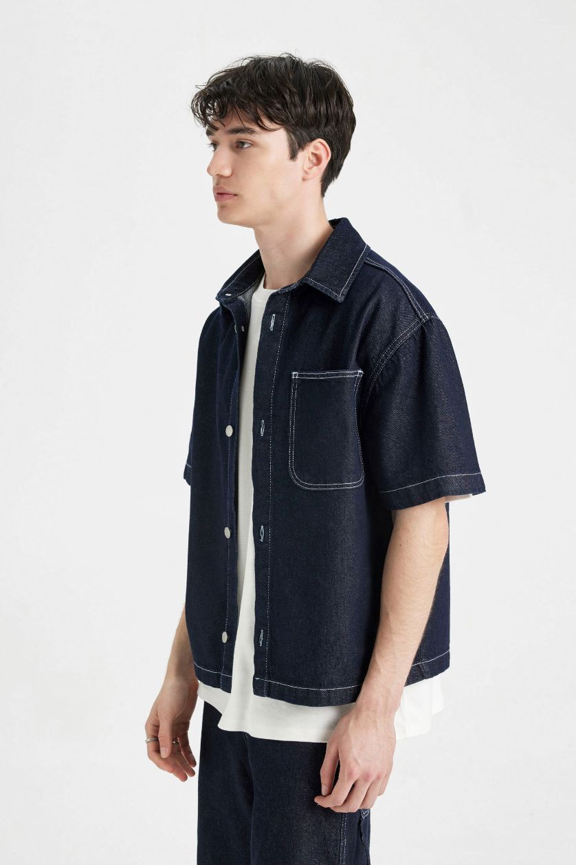 HOMME Bleu Foncé Chemise en jean à manches courtes Coupe boxy