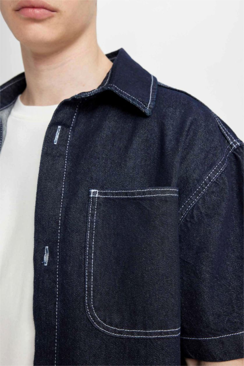 HOMME Bleu Foncé Chemise en jean à manches courtes Coupe boxy