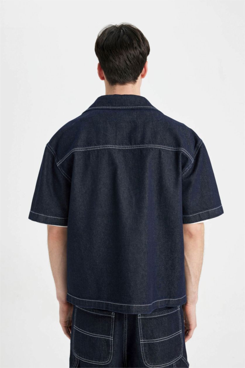 HOMME Bleu Foncé Chemise en jean à manches courtes Coupe boxy