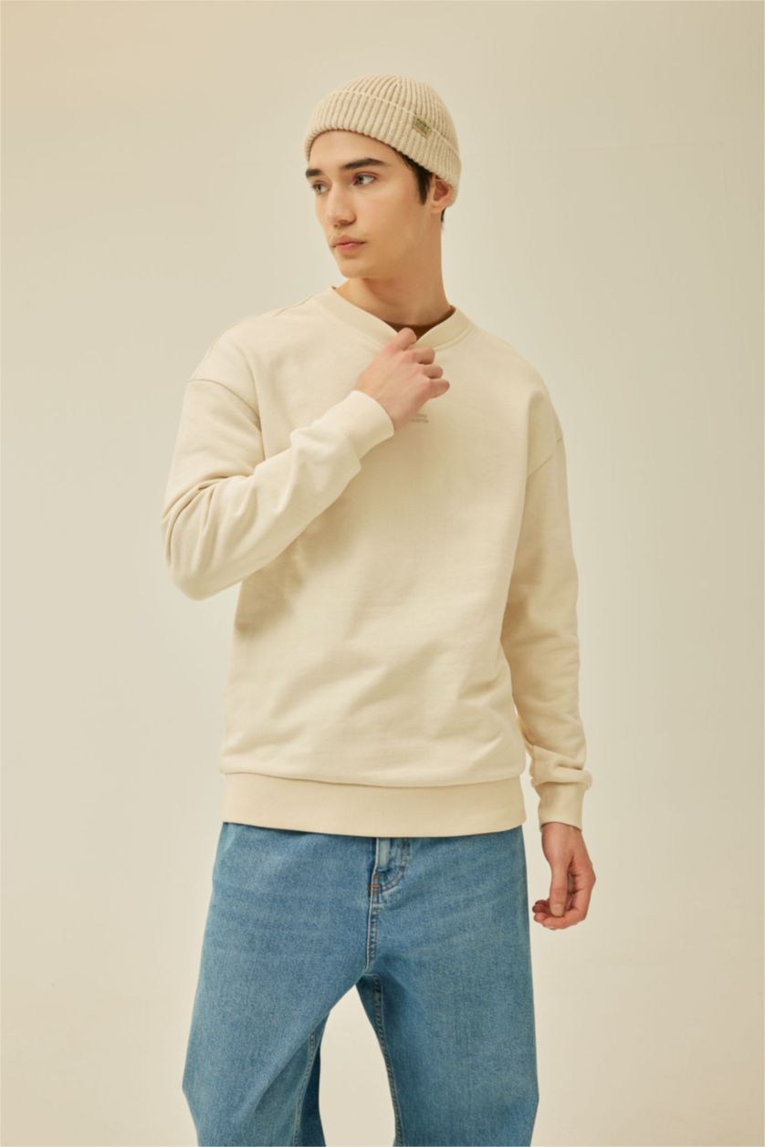 HOMME Beige Sweatshirt Oversize Imprimé à Col Rond