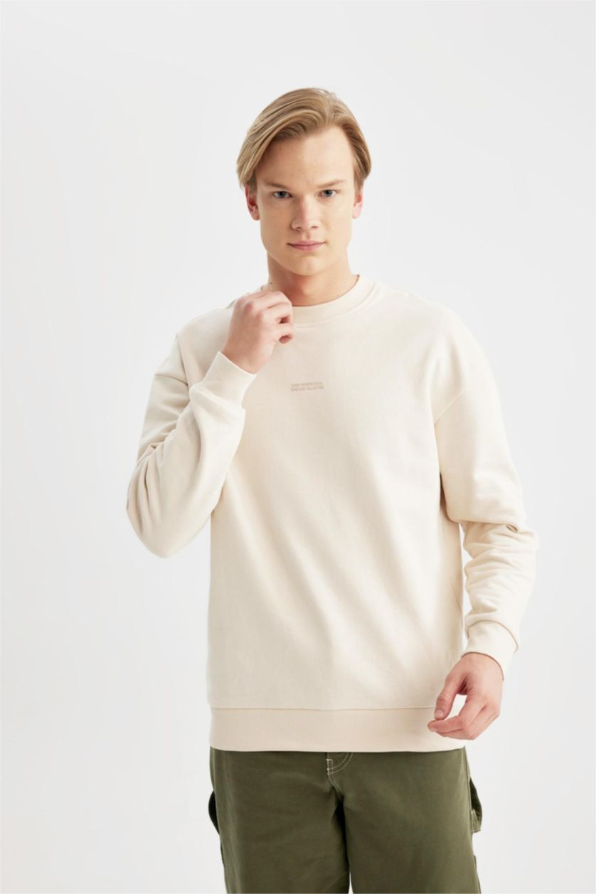 HOMME Beige Sweatshirt Oversize Imprimé à Col Rond