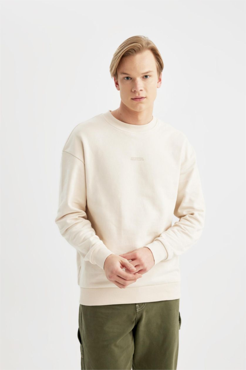 HOMME Beige Sweatshirt Oversize Imprimé à Col Rond