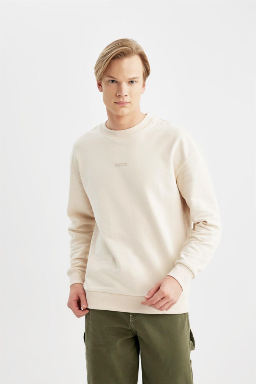 HOMME Beige Sweatshirt Oversize Imprimé à Col Rond