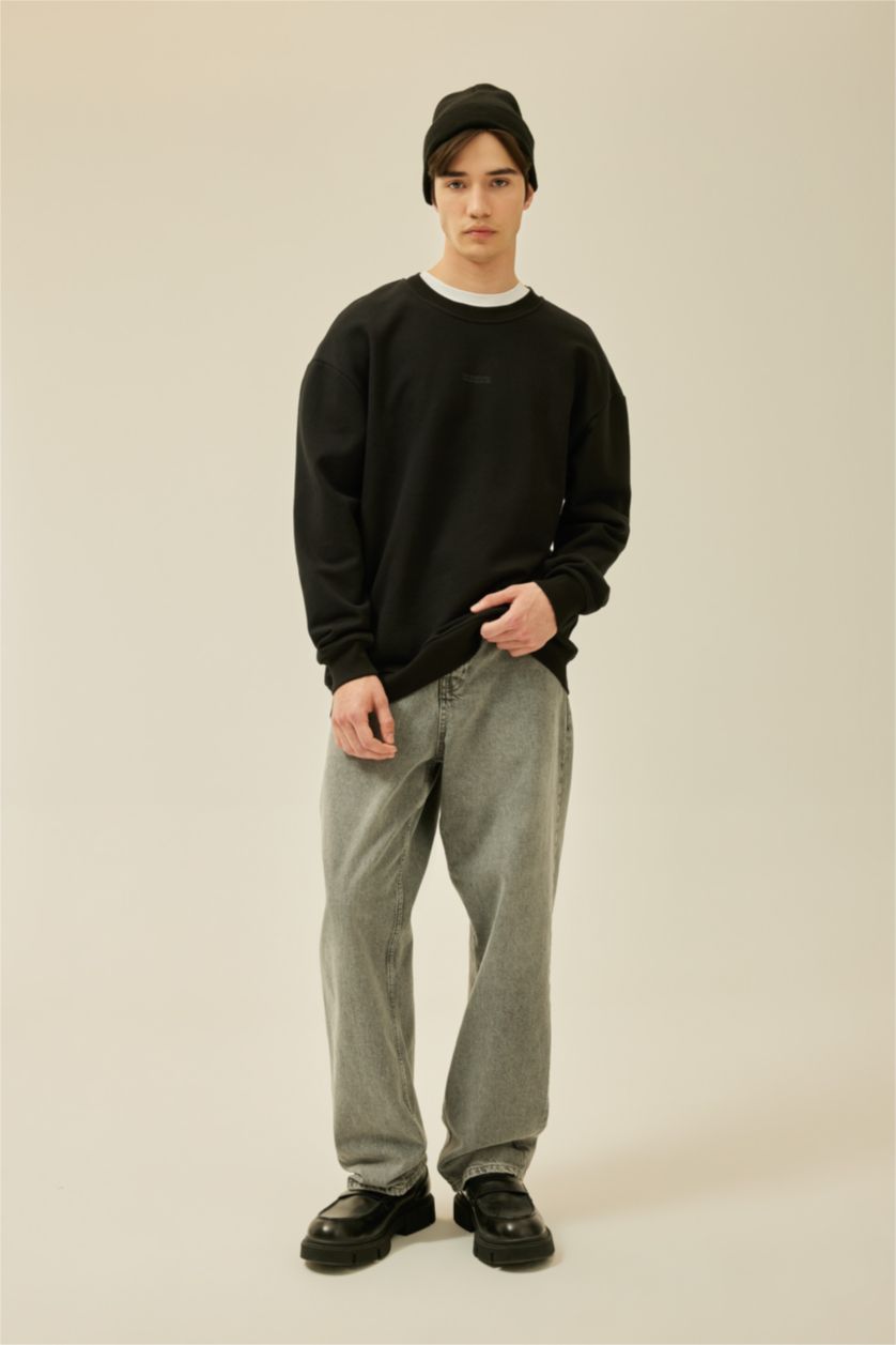 MAN Black Boxy Fit Crew Neck Printed Sweatshirt