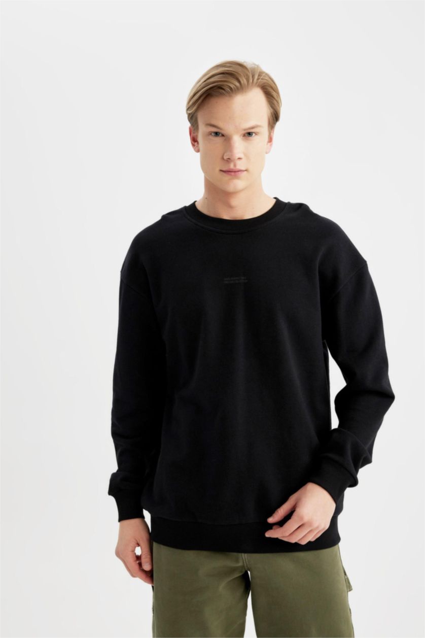 MAN Black Boxy Fit Crew Neck Printed Sweatshirt