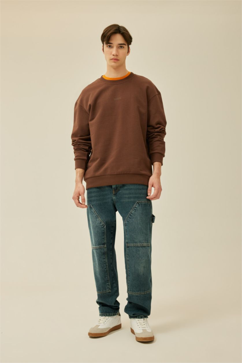 Erkek Kahve Boxy Fıt Bisiklet Yaka Baskılı Sweatshirt