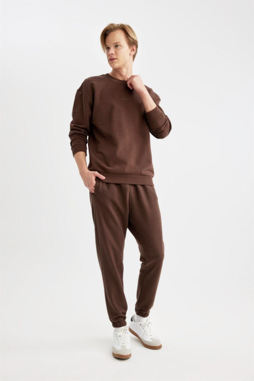 Erkek Kahve Boxy Fıt Bisiklet Yaka Baskılı Sweatshirt