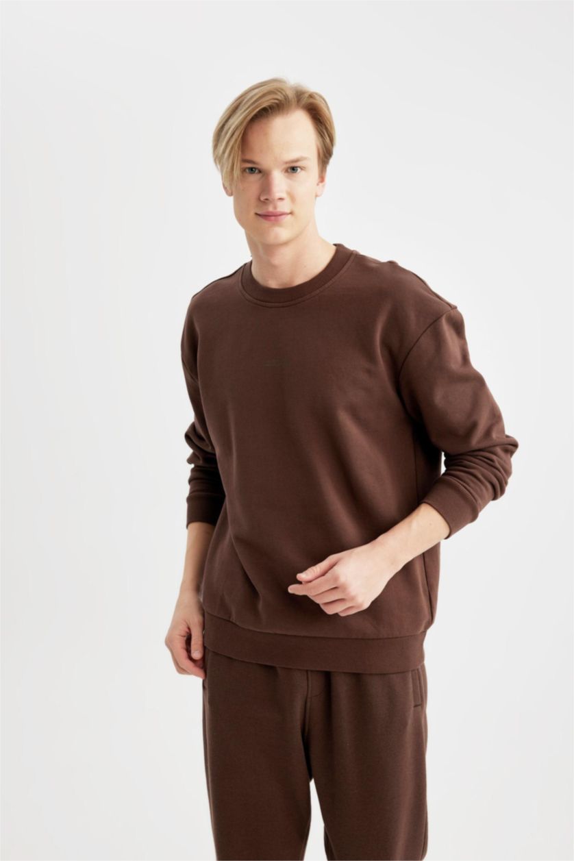 Erkek Kahve Boxy Fıt Bisiklet Yaka Baskılı Sweatshirt