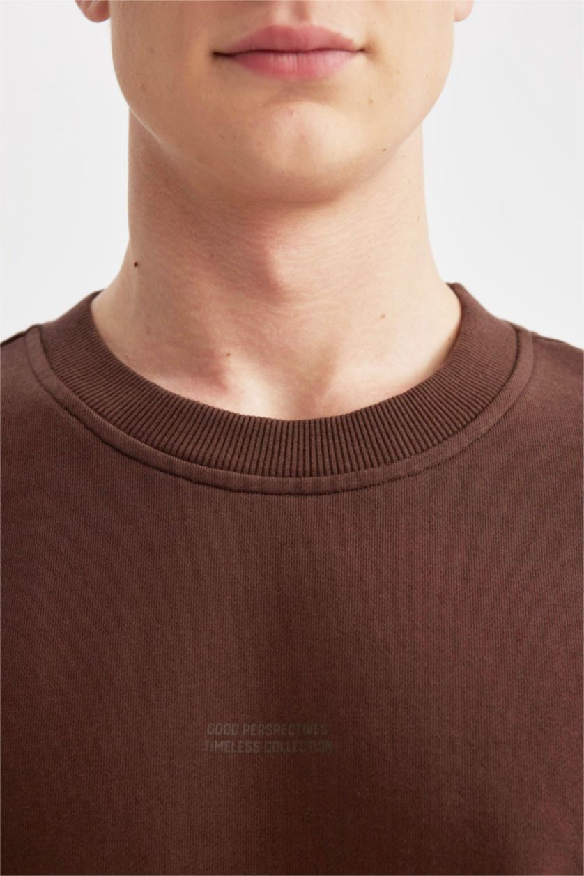 Erkek Kahve Boxy Fıt Bisiklet Yaka Baskılı Sweatshirt