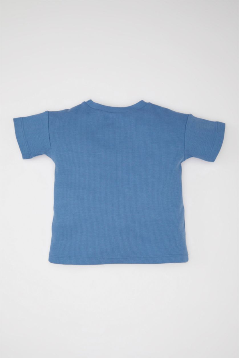 Erkek Bebek Mavi Bisiklet Yaka Waffle Kısa Kollu Tişört Erkek Bebek