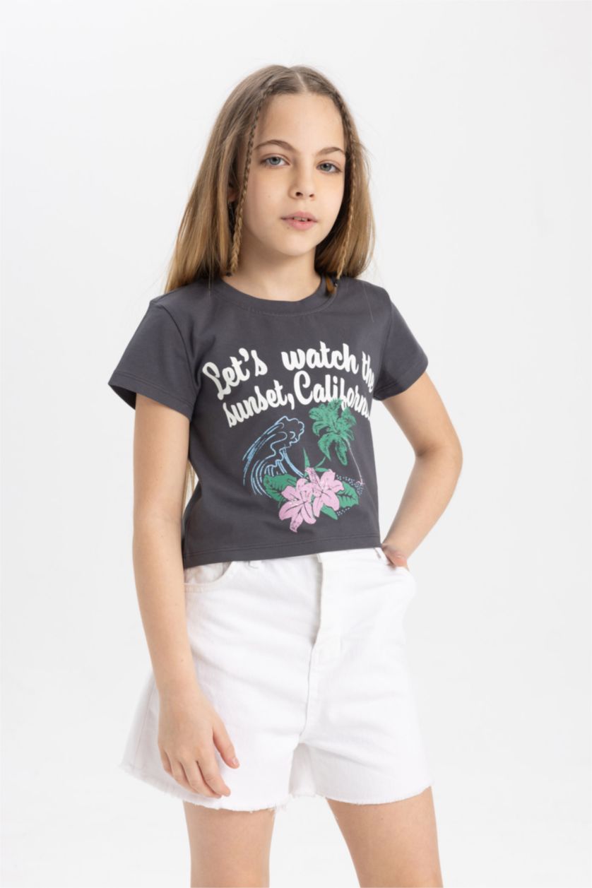 Kız Çocuk - Genç Kız Antrasit Bisiklet Yaka Baskılı Kısa Kollu Tişört Kız Çocuk