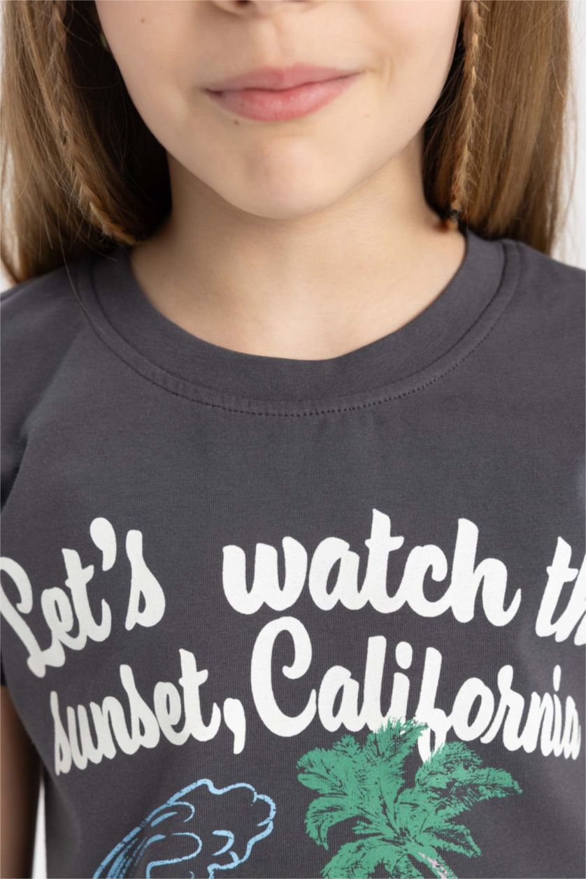 Kız Çocuk - Genç Kız Antrasit Bisiklet Yaka Baskılı Kısa Kollu Tişört Kız Çocuk