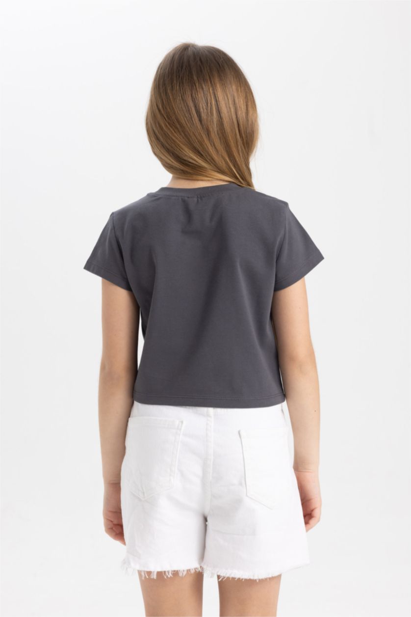 Kız Çocuk - Genç Kız Antrasit Bisiklet Yaka Baskılı Kısa Kollu Tişört Kız Çocuk