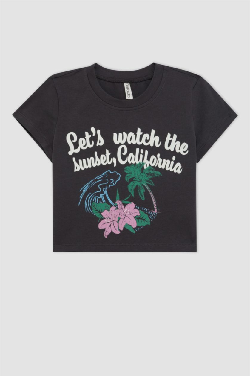 Kız Çocuk - Genç Kız Antrasit Bisiklet Yaka Baskılı Kısa Kollu Tişört Kız Çocuk