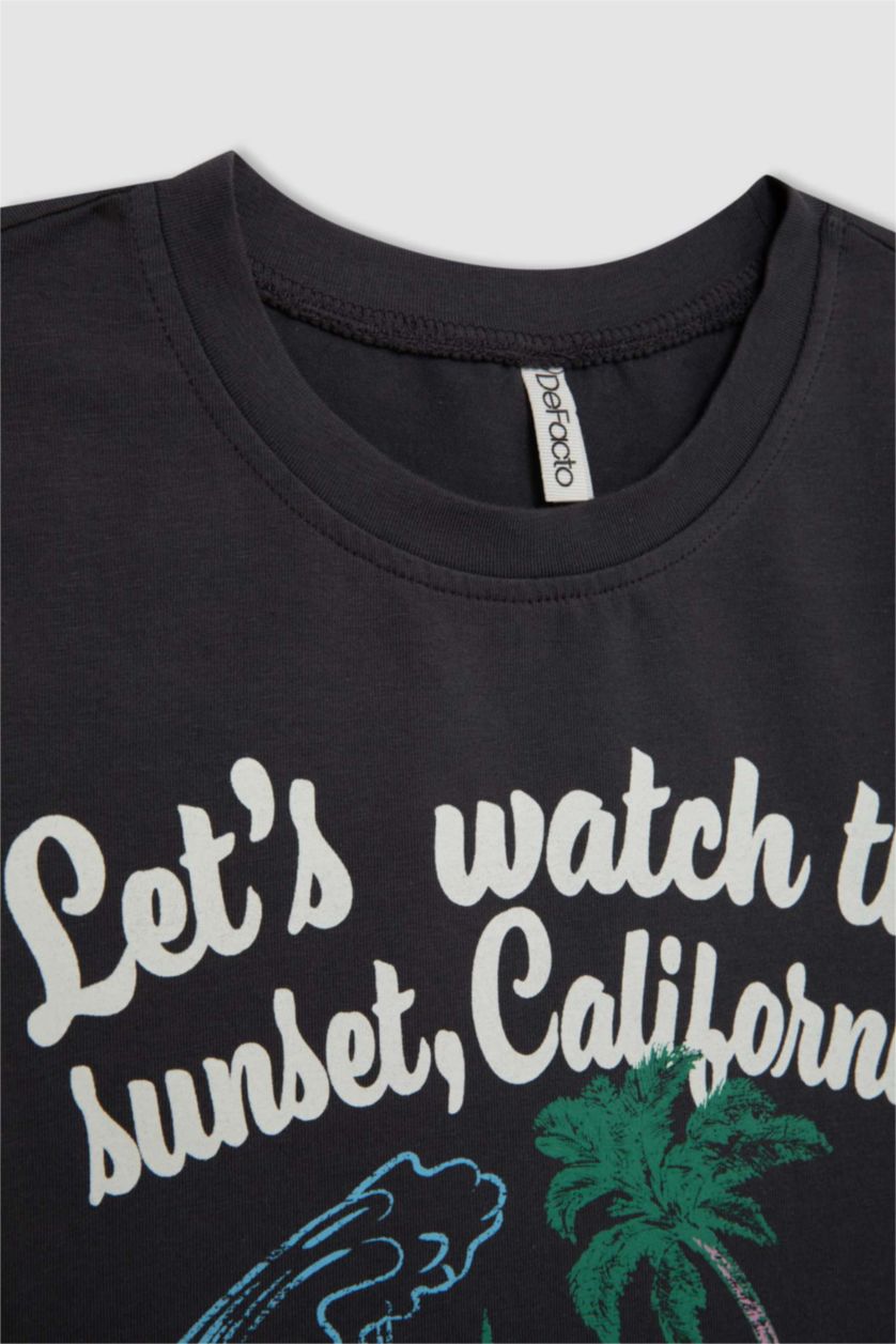 Kız Çocuk - Genç Kız Antrasit Bisiklet Yaka Baskılı Kısa Kollu Tişört Kız Çocuk