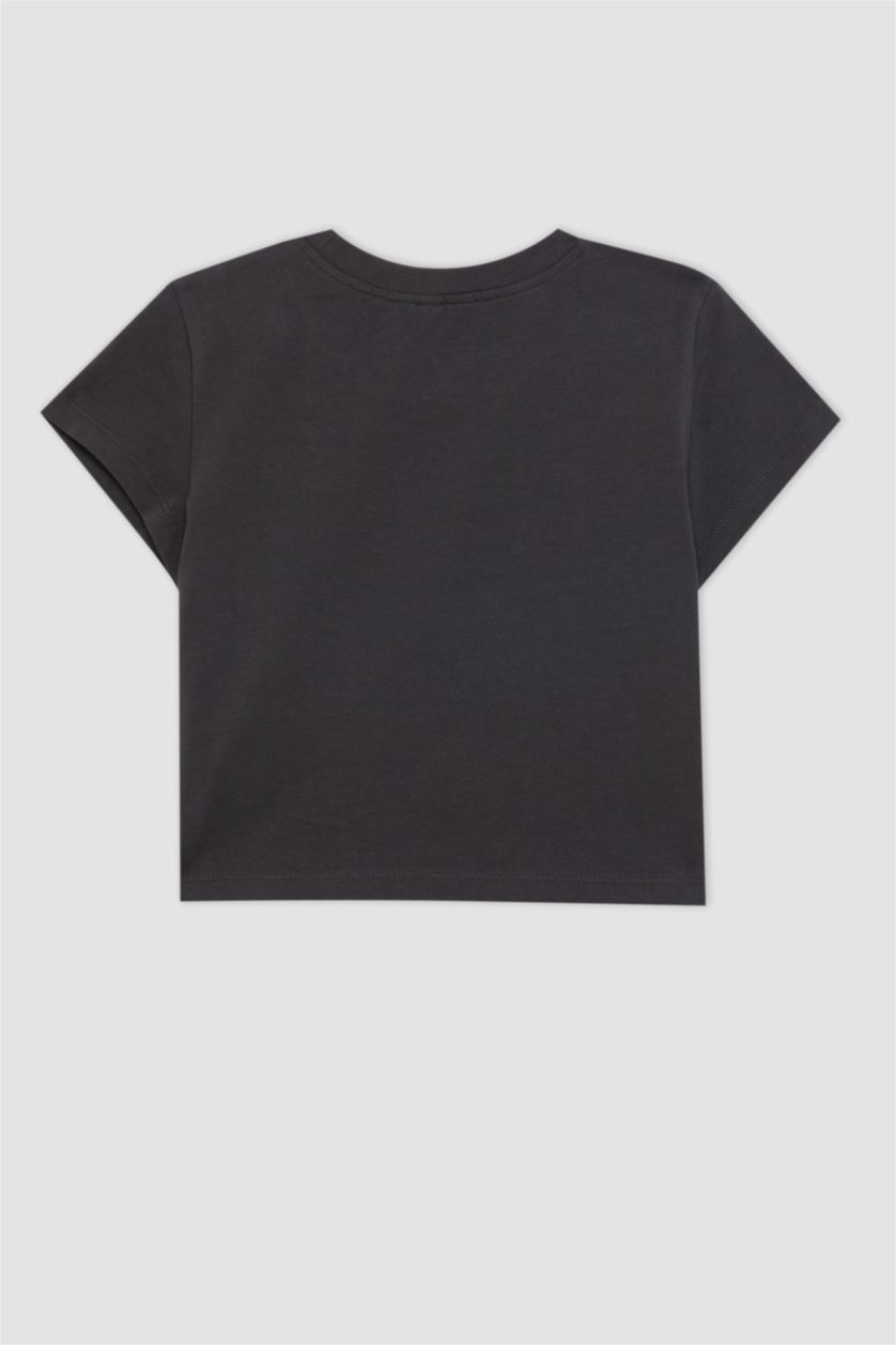 Kız Çocuk - Genç Kız Antrasit Bisiklet Yaka Baskılı Kısa Kollu Tişört Kız Çocuk