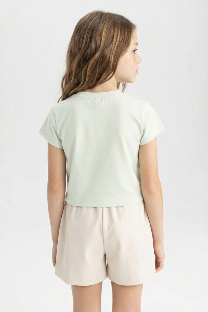 Kız Çocuk - Genç Kız Açık Mint Bisiklet Yaka Baskılı Kısa Kollu Tişört Kız Çocuk