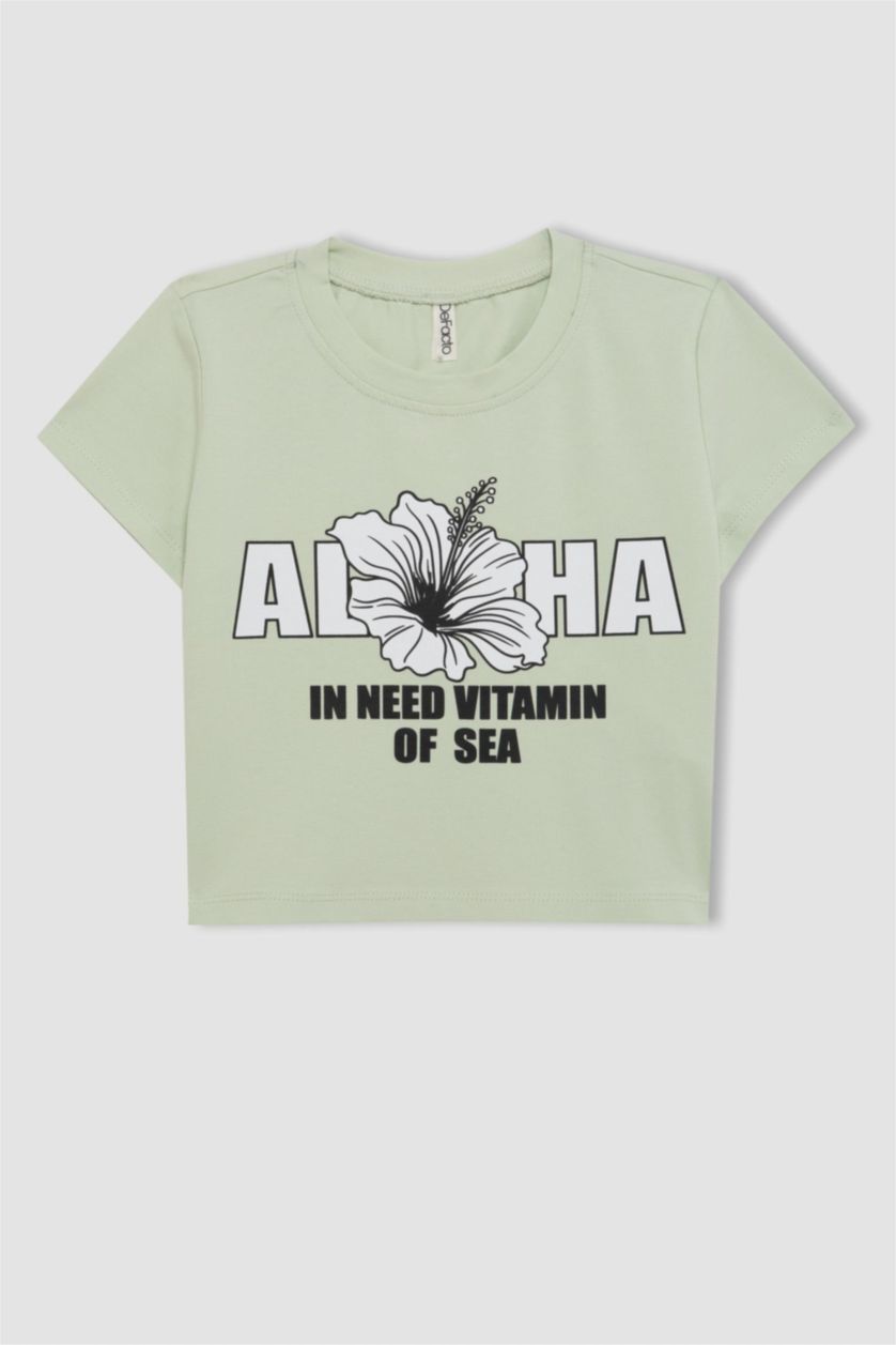 Kız Çocuk - Genç Kız Açık Mint Bisiklet Yaka Baskılı Kısa Kollu Tişört Kız Çocuk